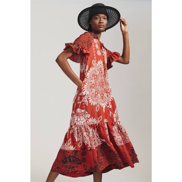 By ANTHROPOLOGIE Ruffle-Sleeve Maxi Dress S Tiered Medallion Print Boho Breezy - Picture 1 of 12